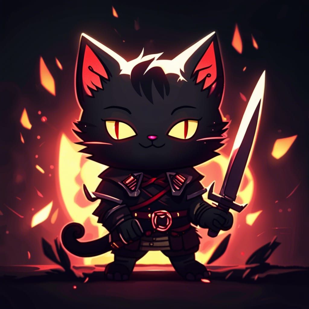 Menacing Chibi Cat with Knives in Anime Style