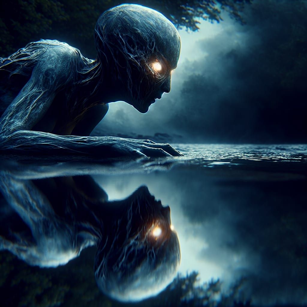 Human Figure Emerges from River Shadows in Ominous Reflectio...