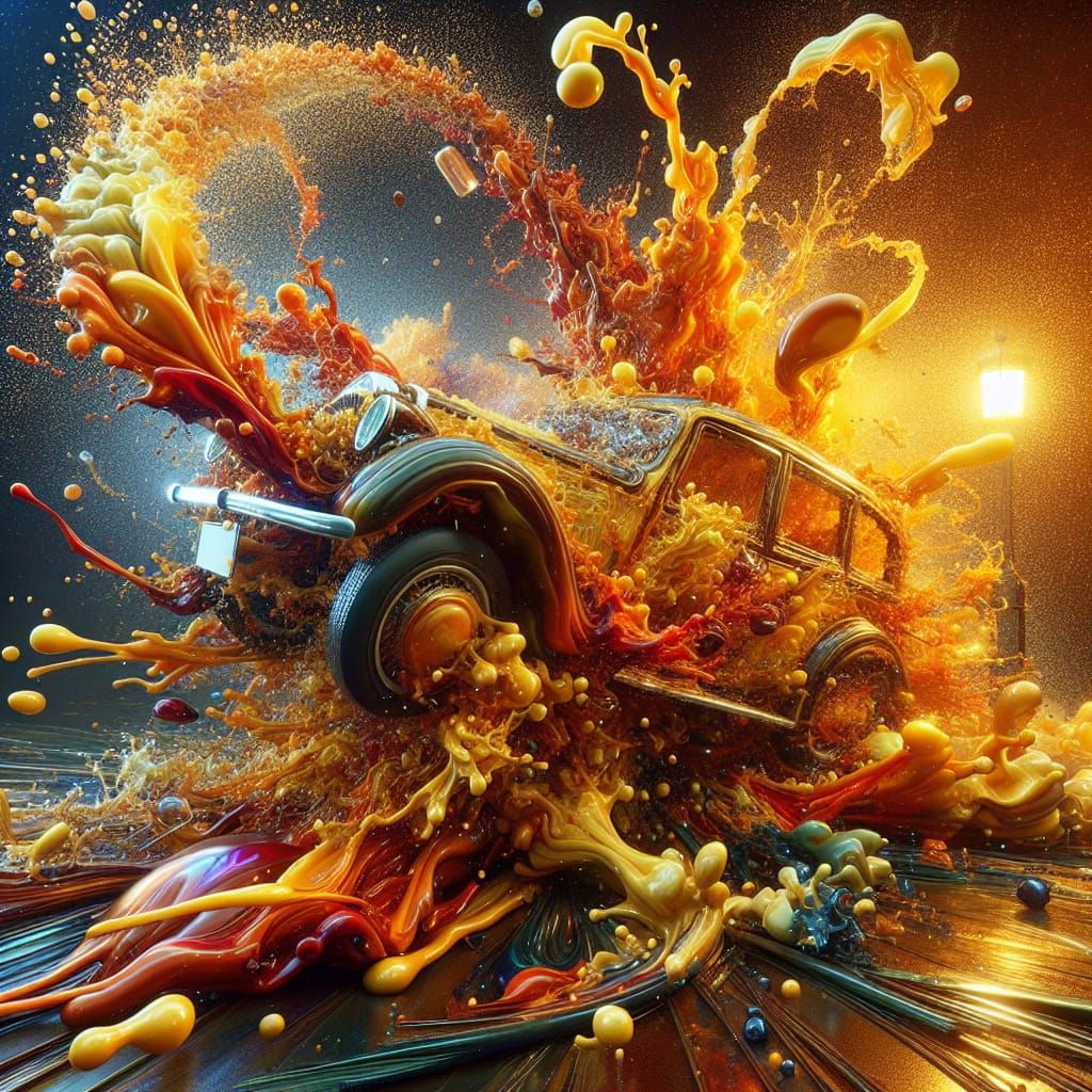 Liquid Car Crash in Hyper-Surreal Cinematic Style