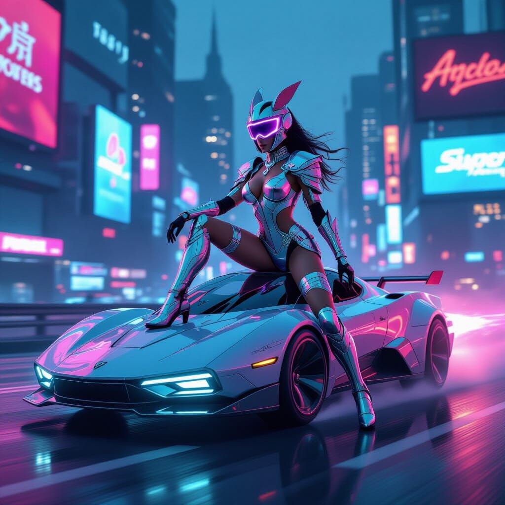 Futuristic Showgirl on Hovercar in Cyberpunk Cityscape