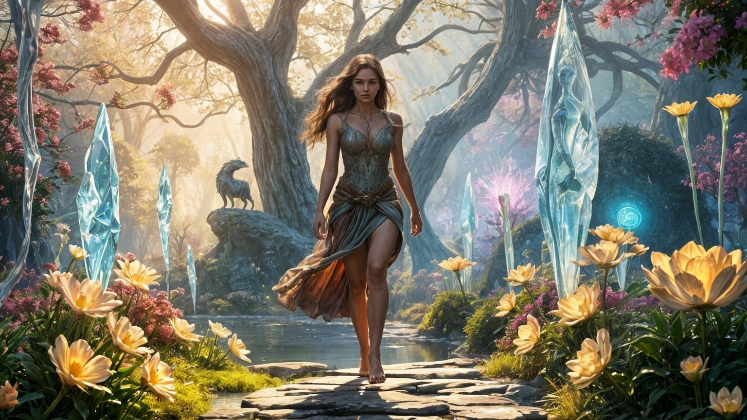 Heroic Woman in Luminous Otherworldly Garden