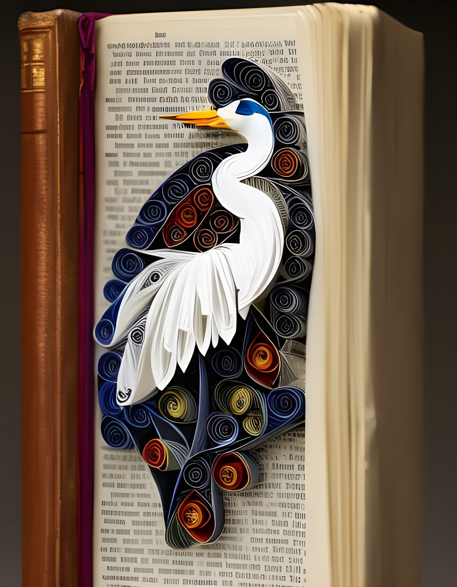 Quilled Paper Egret Sculpture from Antique Book