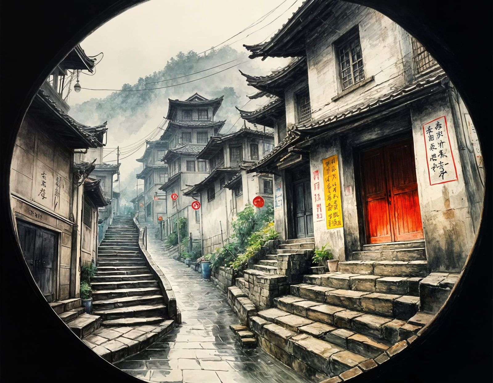 Chongqing Alley in Misty Circular Ink Wash Study