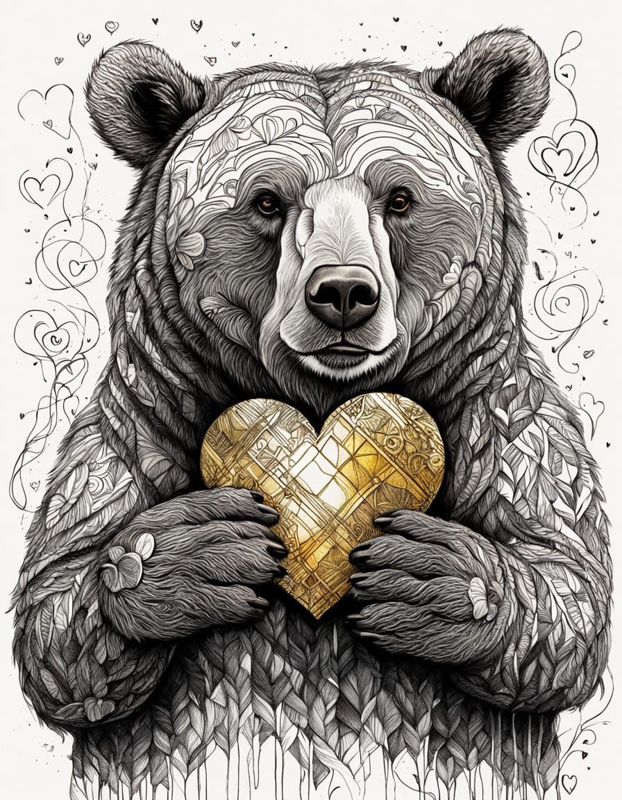 Charming Bear Holding Heart in Whimsical Sketch