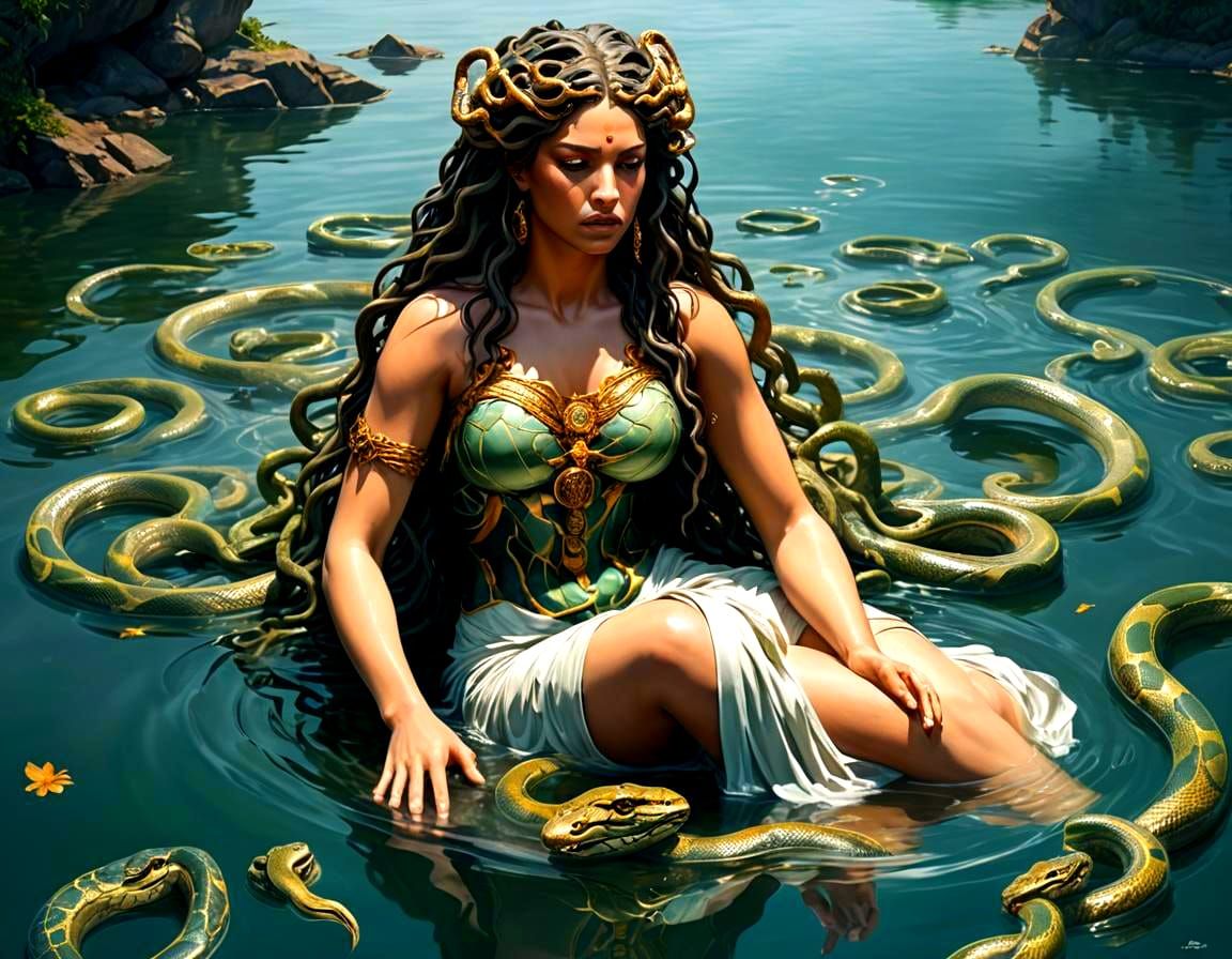 Goddess Medusa Contemplating in Water: Hyperrealistic Art