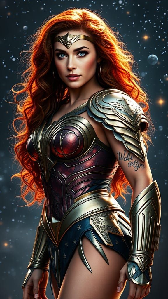 pic1.raw,  hot curvy female Wonder Woman , curly long red hair ,blue eyes, full lips ,freckles , full body scene , tatto...