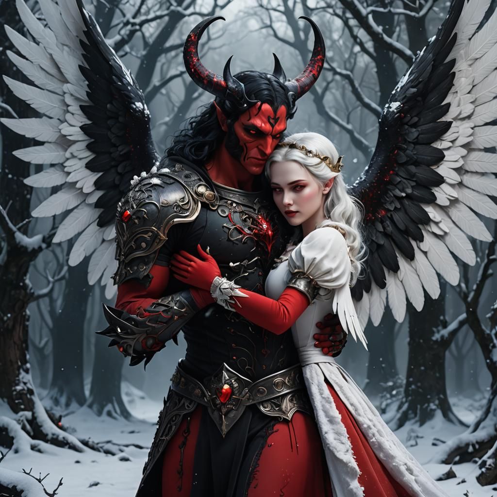 Demonic Embrace: Angel and Demon in Detailed Painting