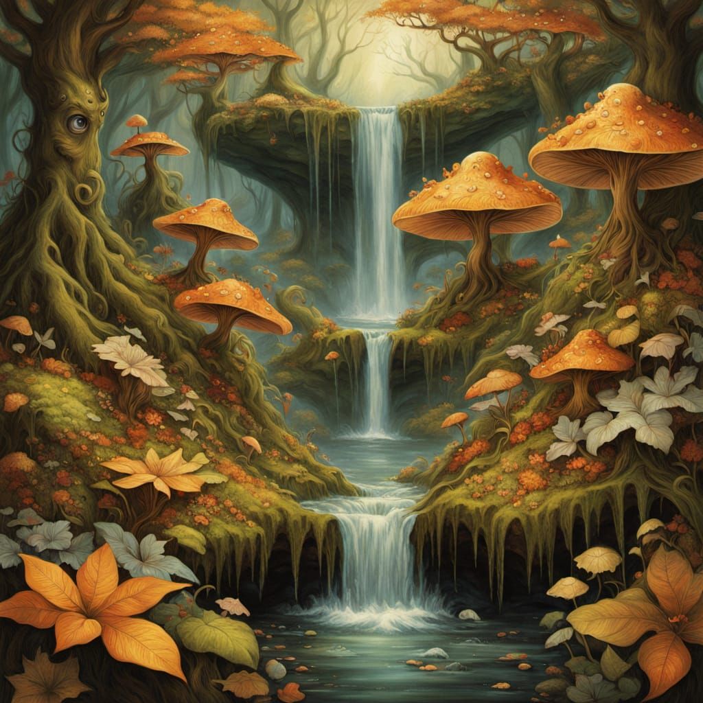 Enchanting Forest Spirit in Autumn Floral Waterfall Scene