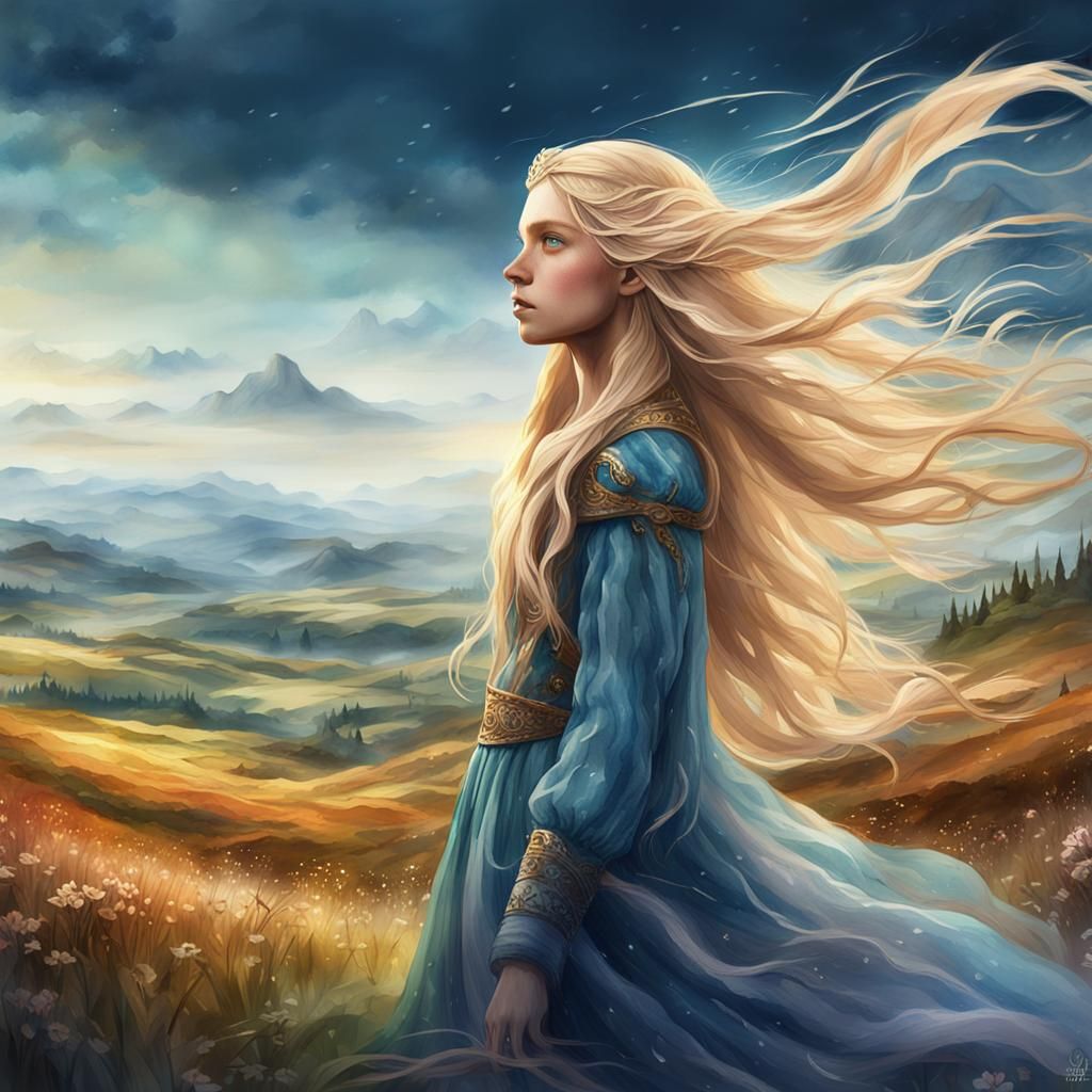 Fairytale Girl with Long Hair Watercolor Painting