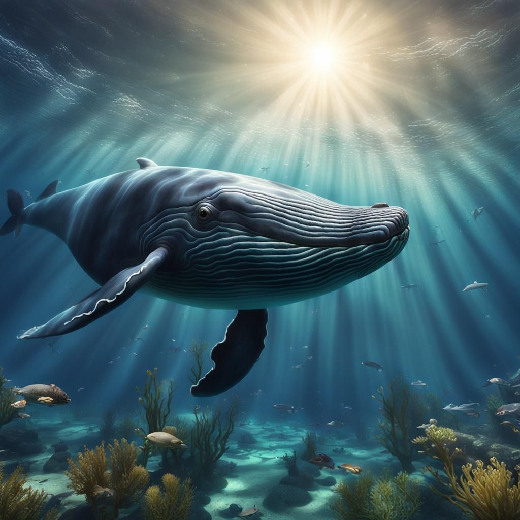 Photo-realistic (whale) that looks under the water with its head from (front on), under the water it is crystal clear th...
