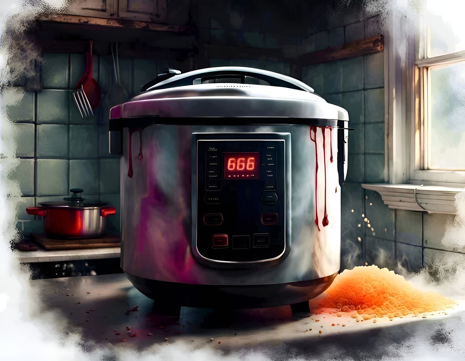 Evil Rice Cooker in Haunted Kitchen, Stephen Gammell Style