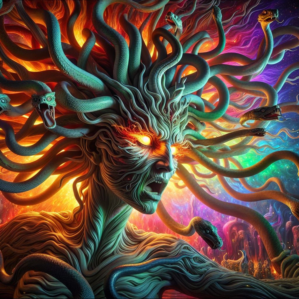 Eerie Medusa with Snakes and Fiery Eyes