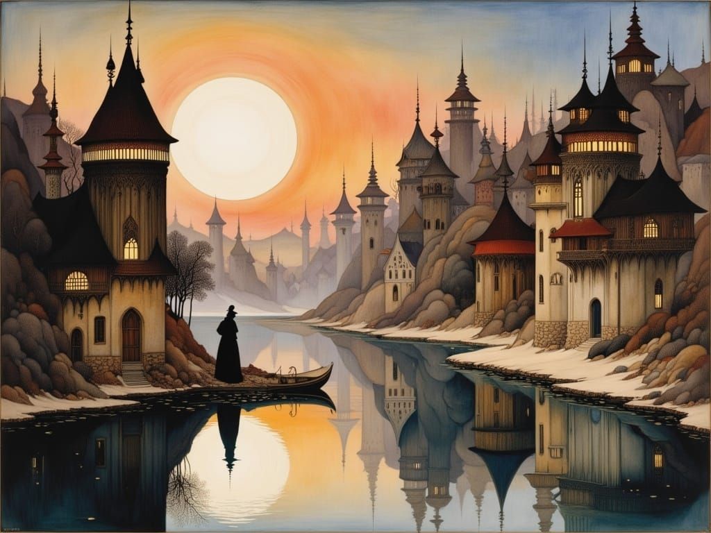 Arabian Ruins Reflected in Sunset Lake Water