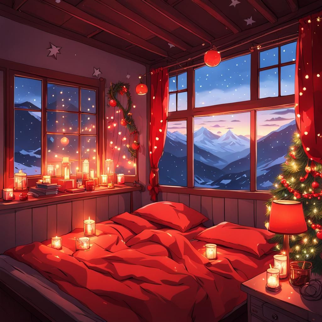 Cozy Christmas Bedroom with Mountain View in Anime Style