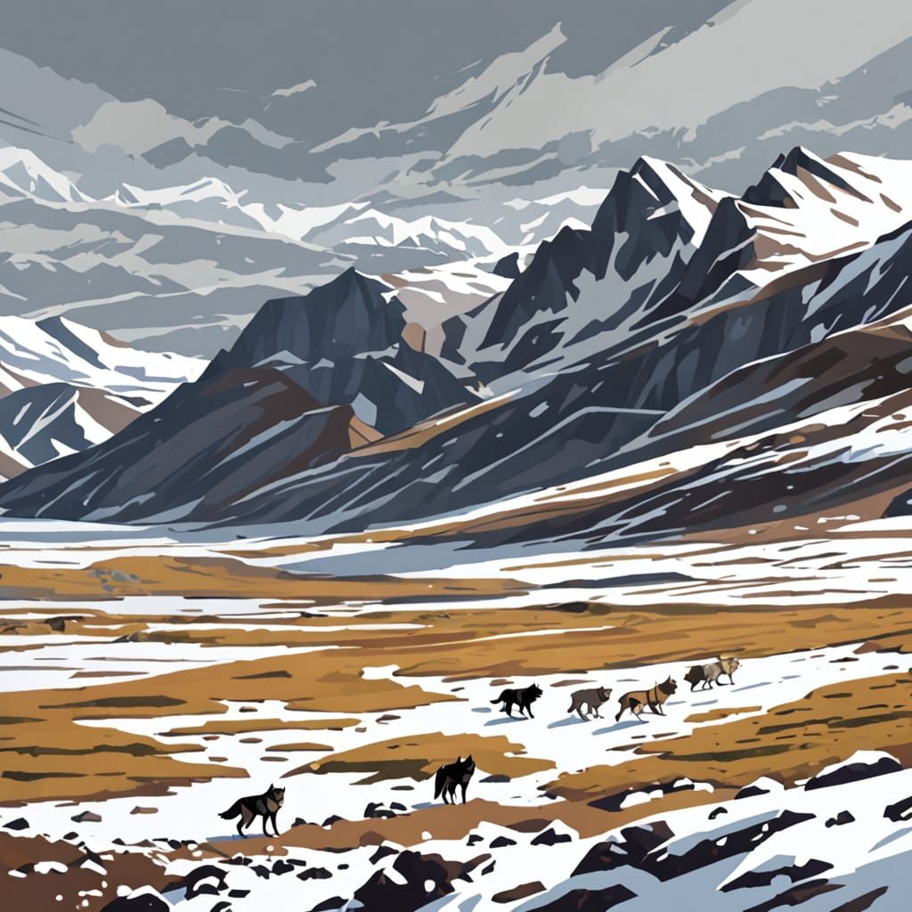 Wolves Roam the Arctic Tundra in a Vibrant Digital Painting