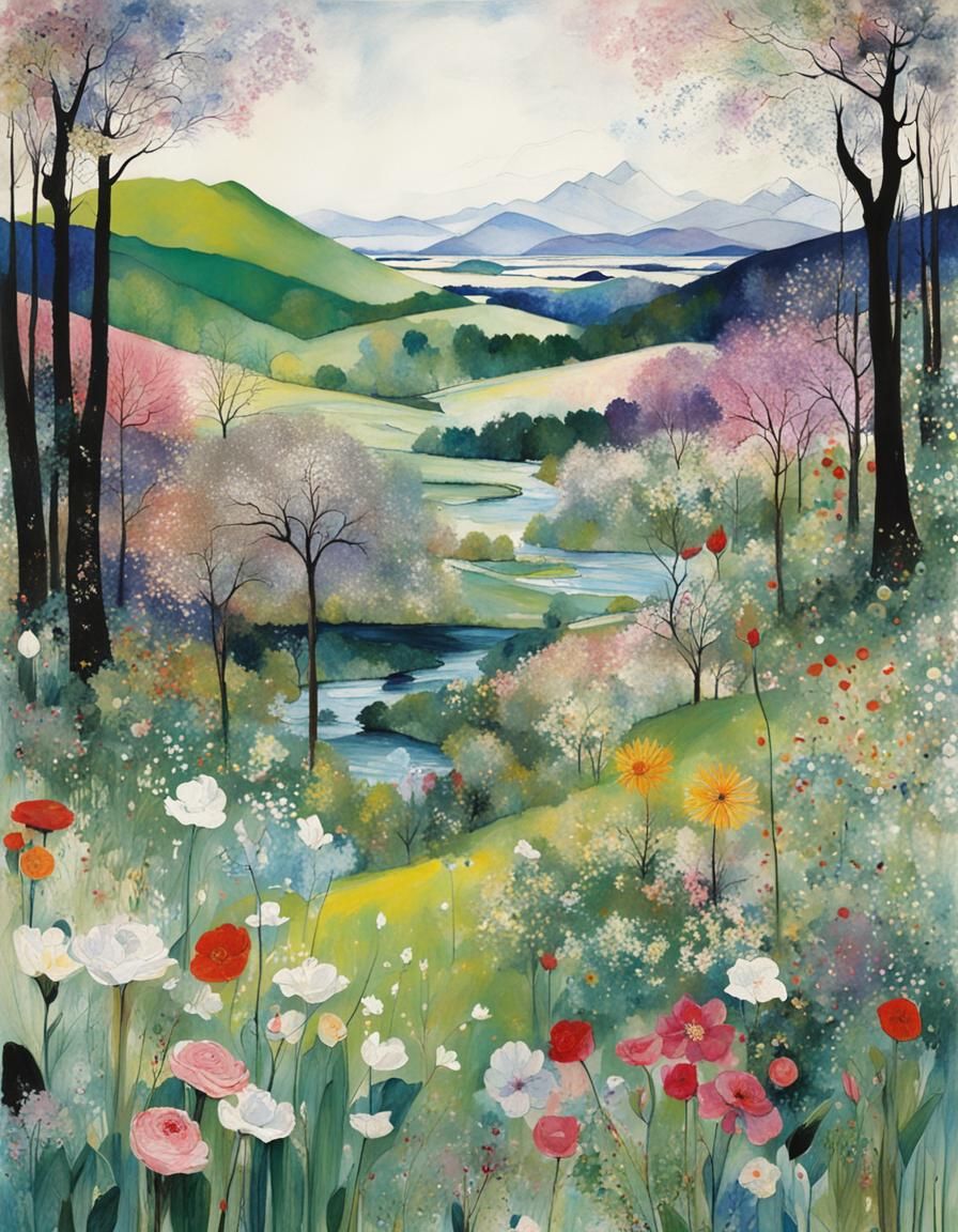 Spring Landscape in Art Nouveau Style