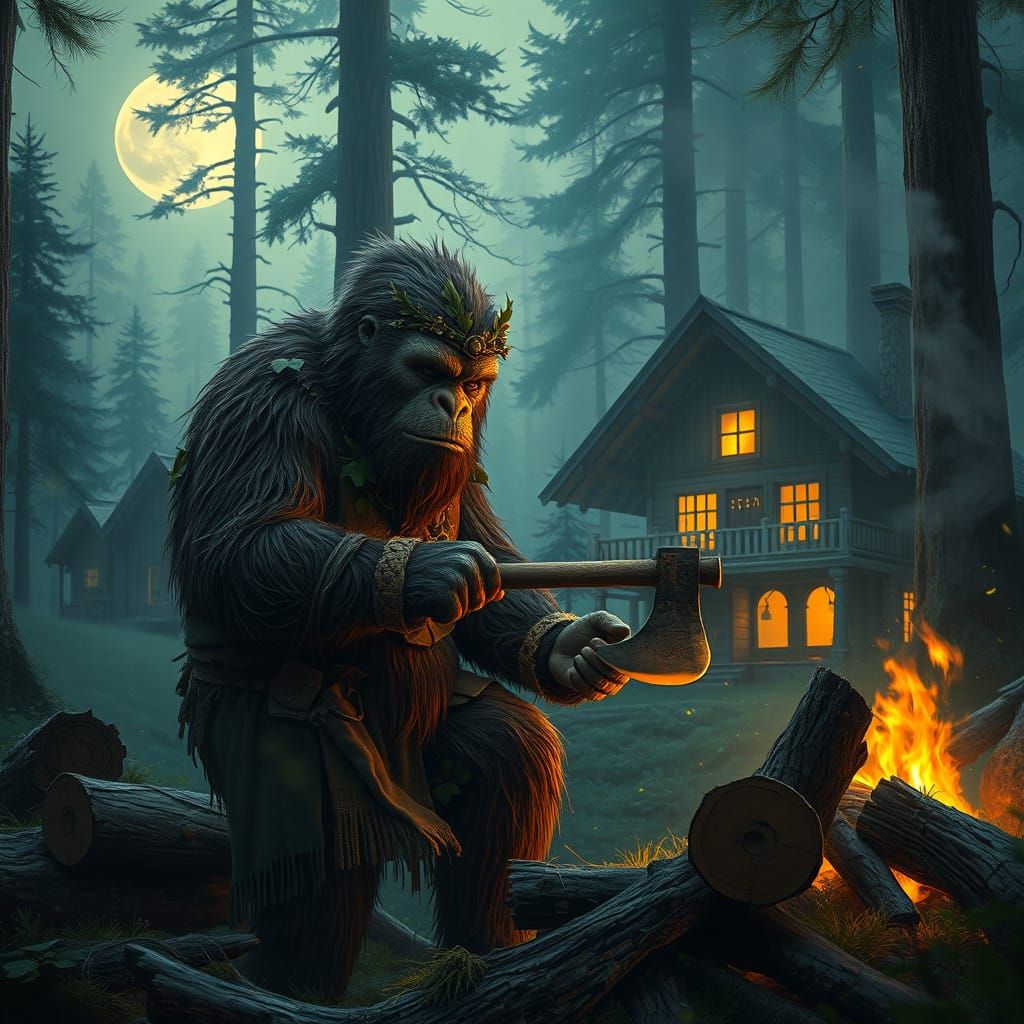Sasquatch in Mystical Forest, Firewood Splitting Scene