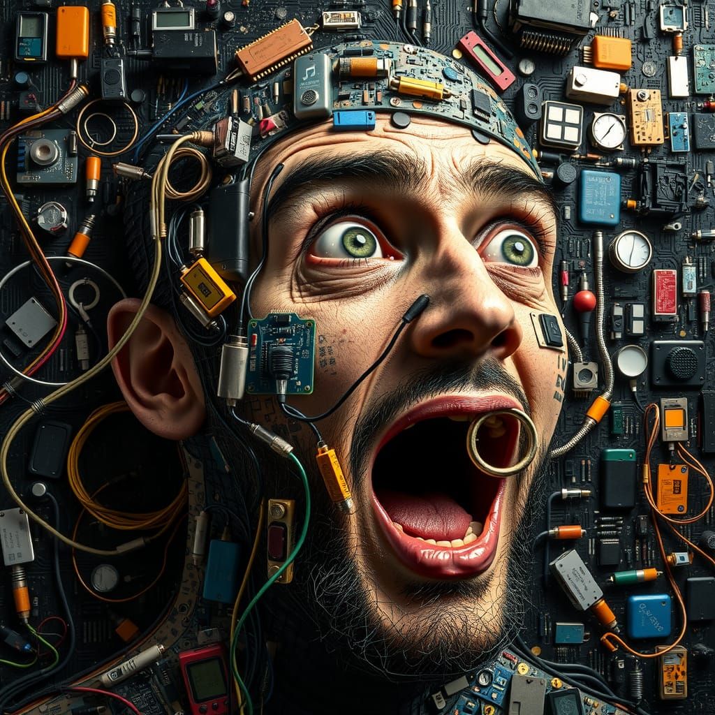 Excited Man's Portrait in Cubist Electronic Waste Style