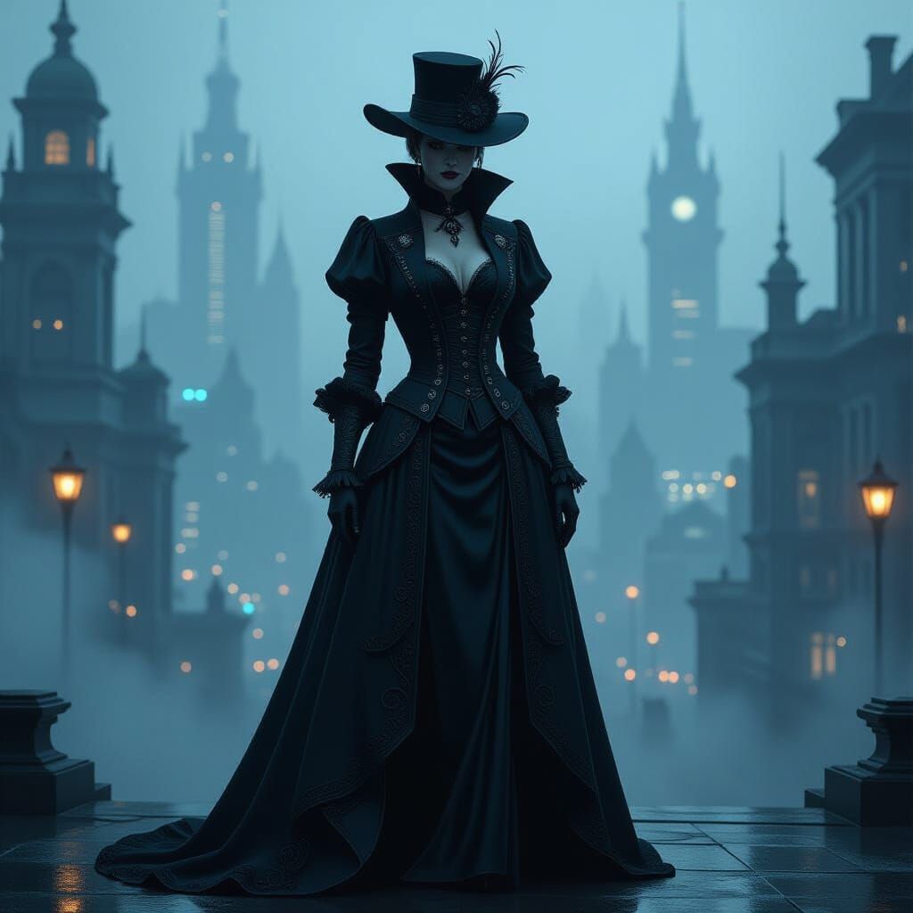 Victorian Figure in Misty Cyberpunk Cityscape