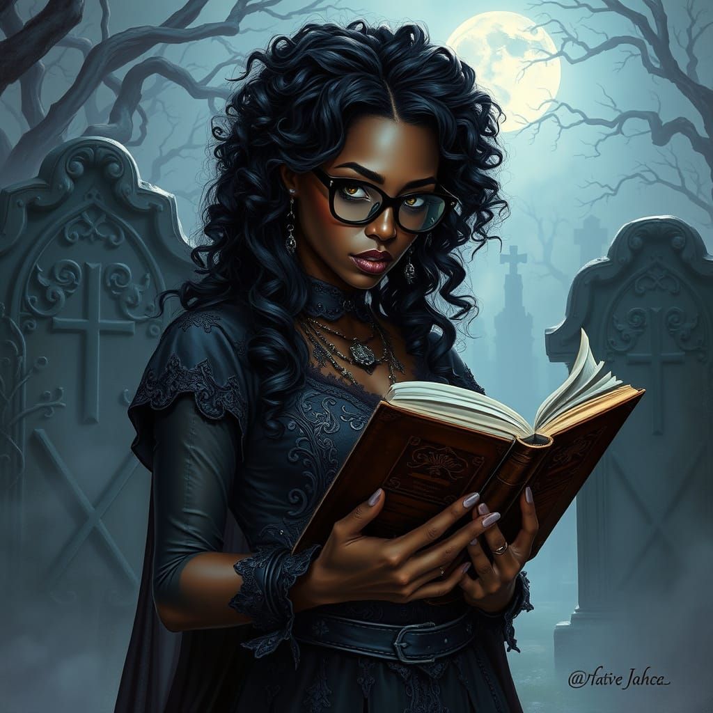 Gothic Woman Reading Grimoire in Graveyard, Dark Fantasy Art