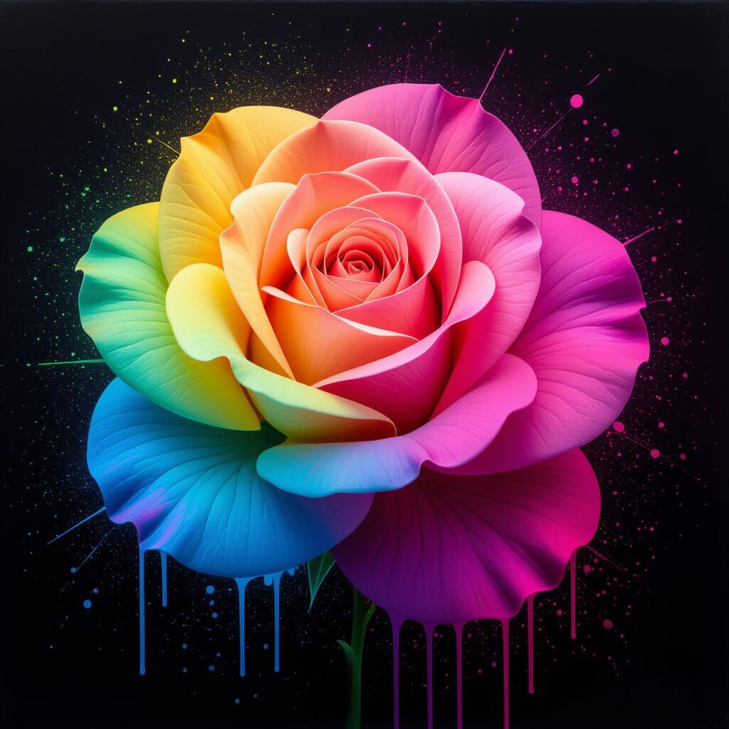 Muted Neon Rainbow Rose Blooms on Black Canvas