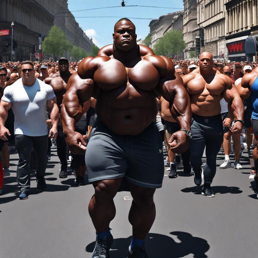 Hyperrealistic Powerlifter Walking in a Crowd