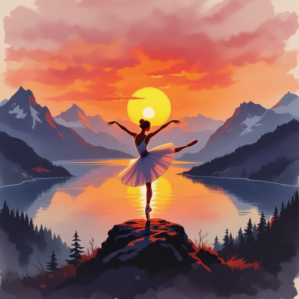 Ballet Dancer at Sunset Mountain Peak Over Lake