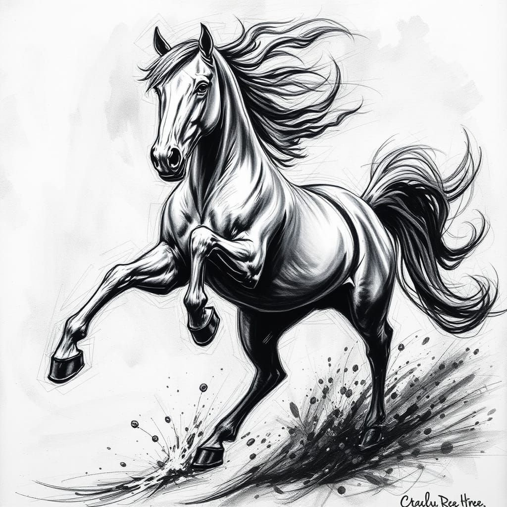 Wild Spirit Charcoal Drawing with Expressive Lines and Textu...