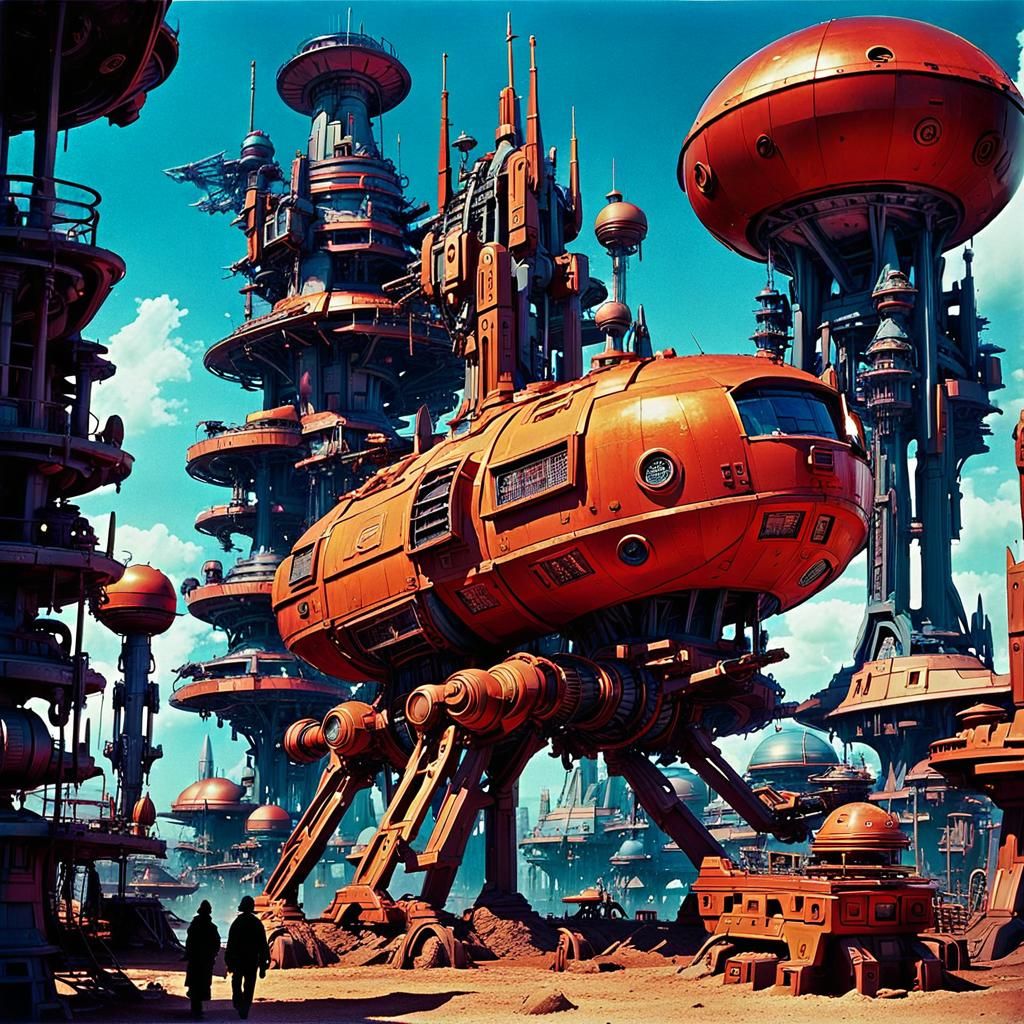 Sci-Fi Cityscape with Mechs in Retro Style