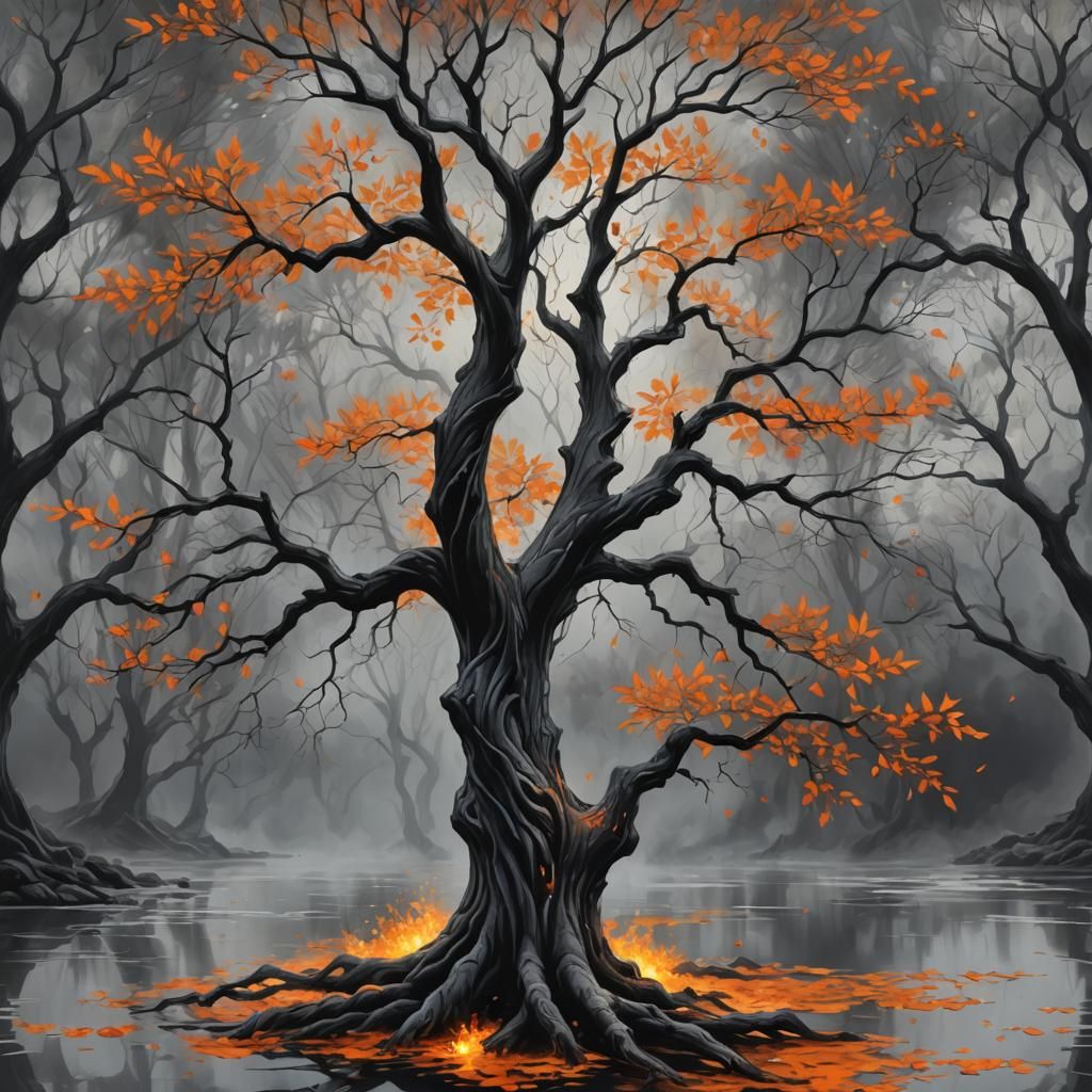 Fantasy Tree with Orange Leaves in Digital Oil Painting