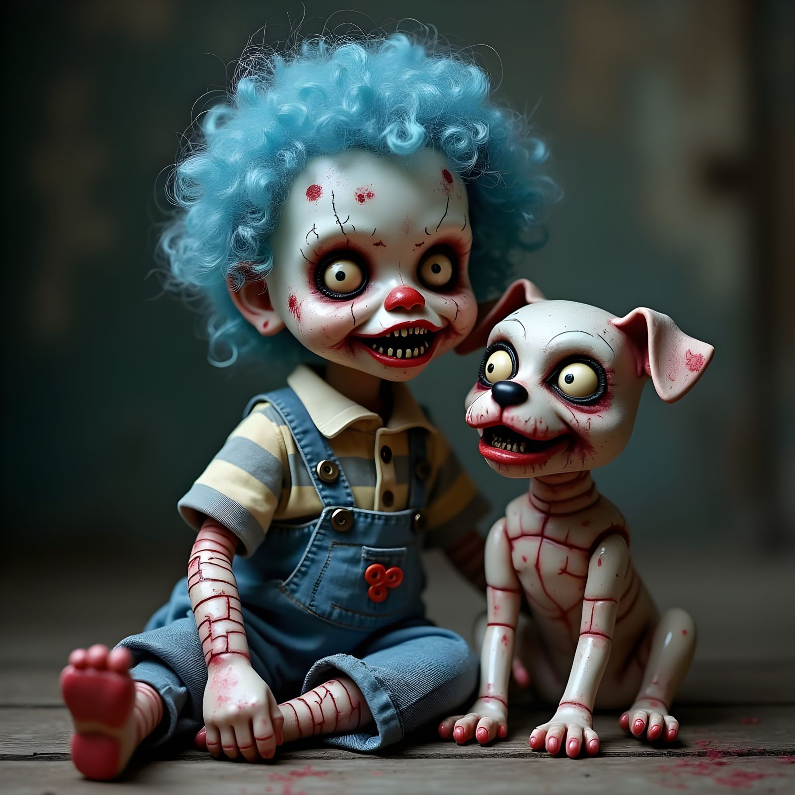 Creepy Zombie Doll and Dog Horror Portrait