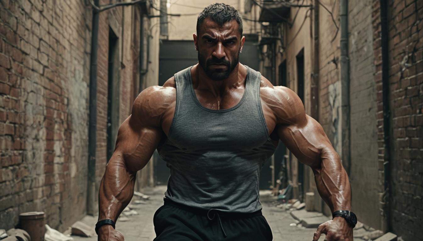 Cinematic Close-Up: Angry Bodybuilder in Moody Alleyway