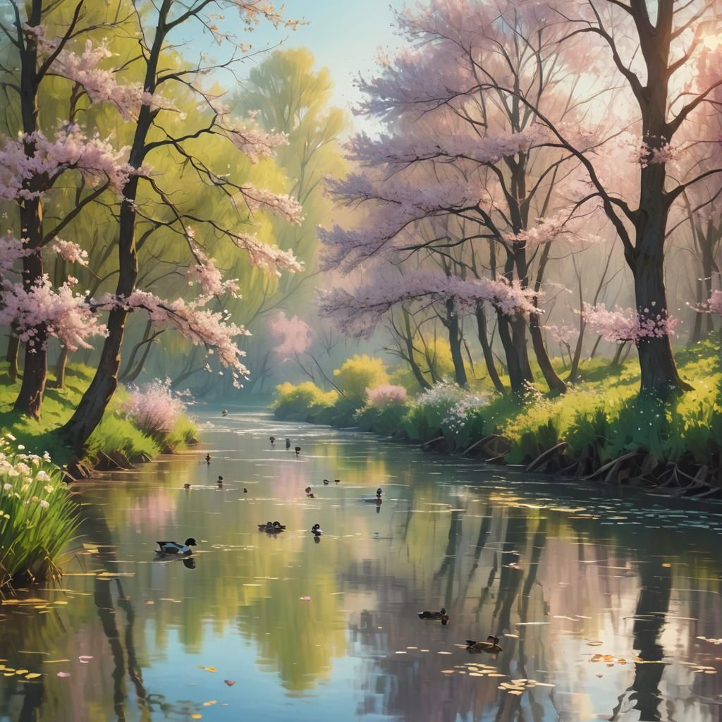 Impressionist Riverbank Scene in Springtime