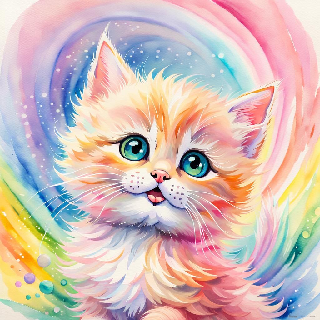 Adorable Kitten on Rainbow in Watercolor Style