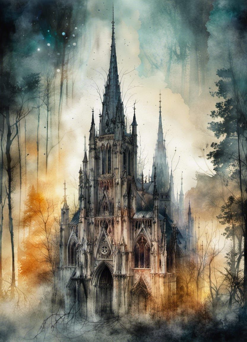 Ethereal Gothic Cathedral in Watercolor Style