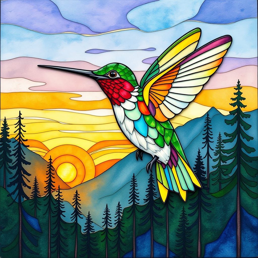 Vibrant Sunrise Hummingbird in Whimsical Watercolor