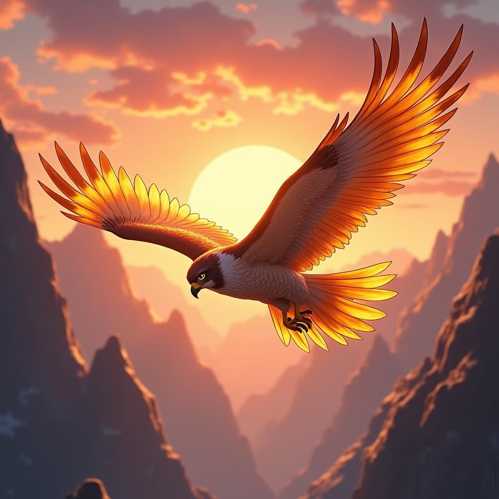 Falcon Ablaze Soaring Through Fiery Sunrise