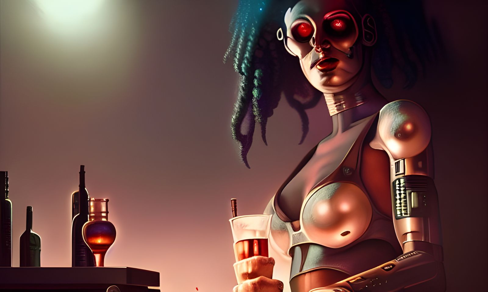 Sinister Cyborg Bartender in Cyberpunk Style