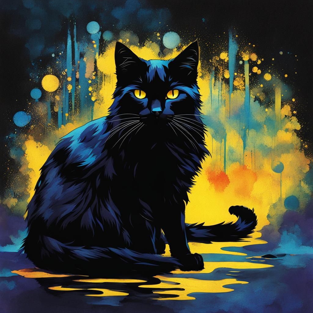 Glitchcore Black Cat Portrait in Japanese Style