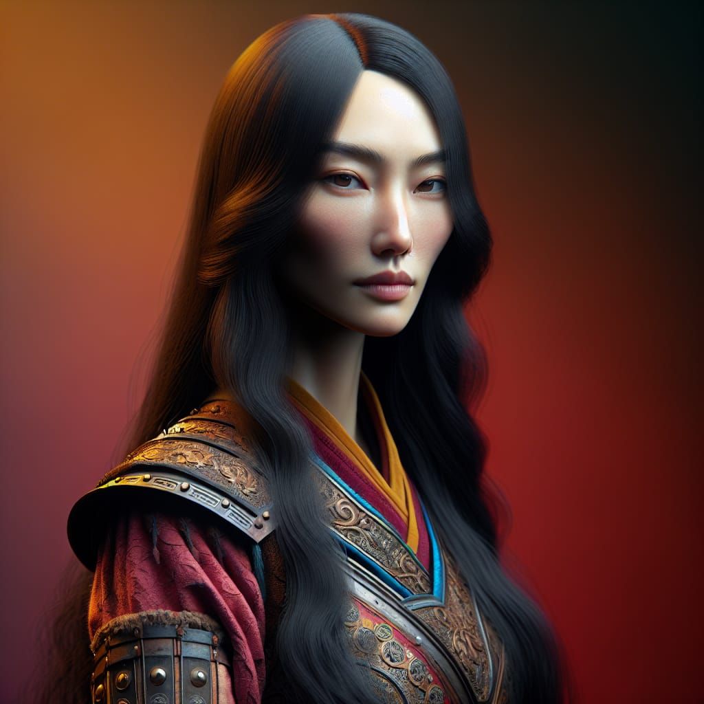 Mongolian Warrior Woman in Medieval Dress, Hyperrealistic