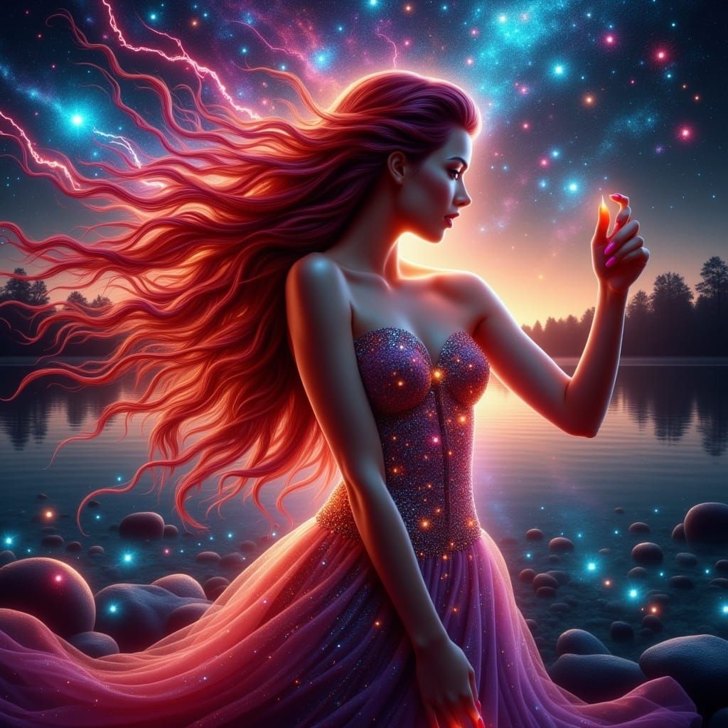 Dreamy Woman Dancing with Suitor Near Lake