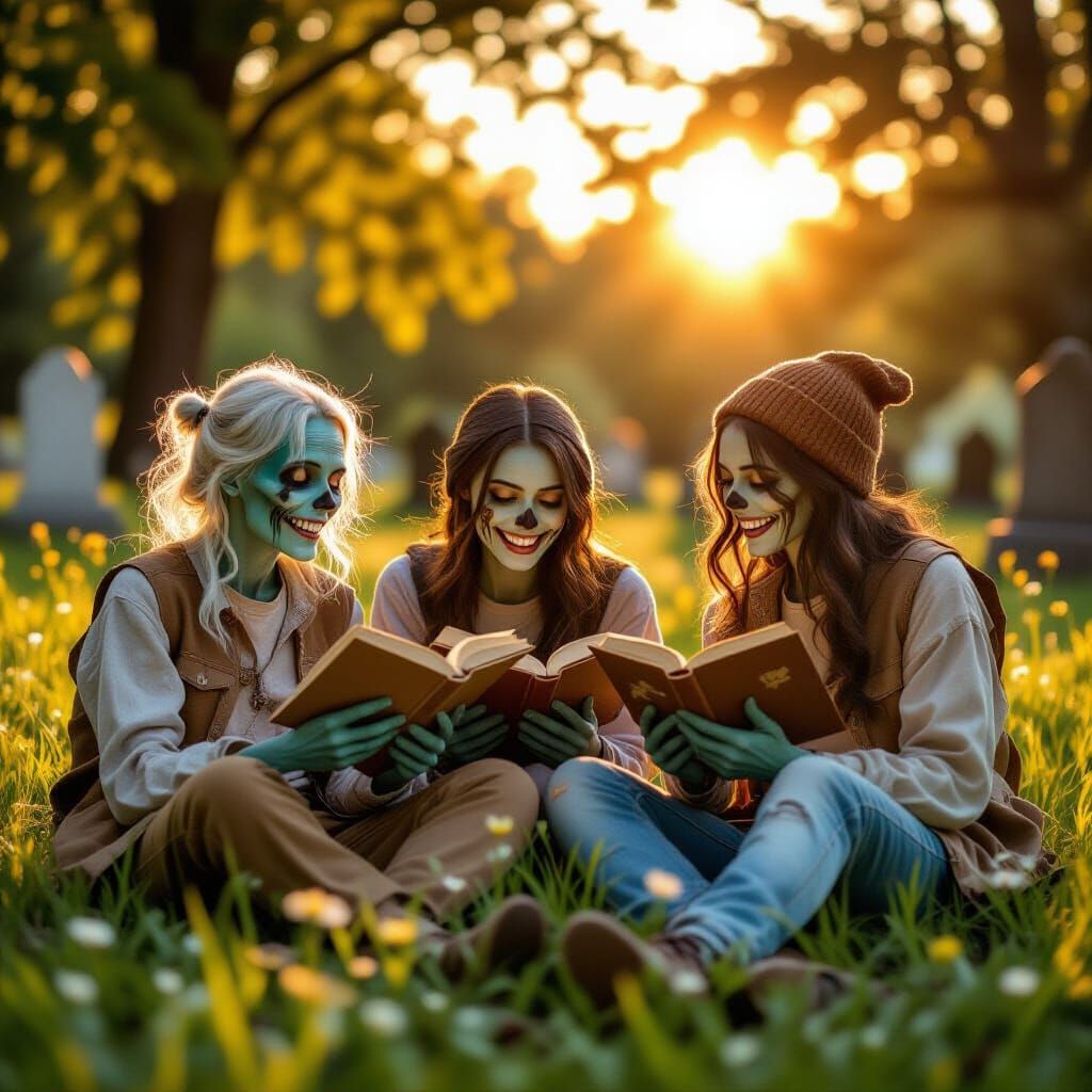 Friendly Zombies Reading in Cemetery at Sunset