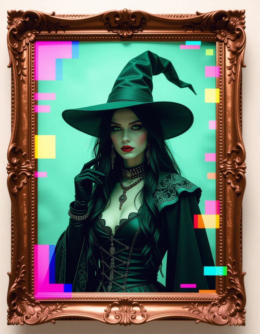 Glitched Witch Portrait in Ornate Frame