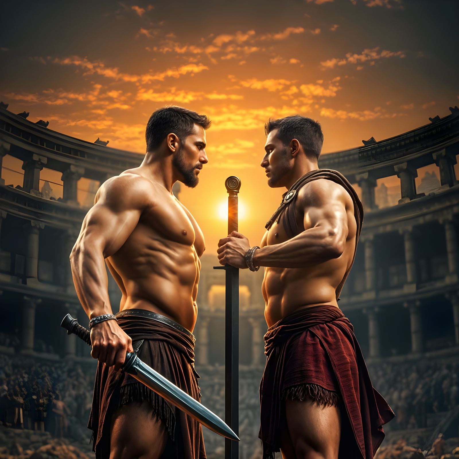Muscled Gladiators Clash in Sunset Arena