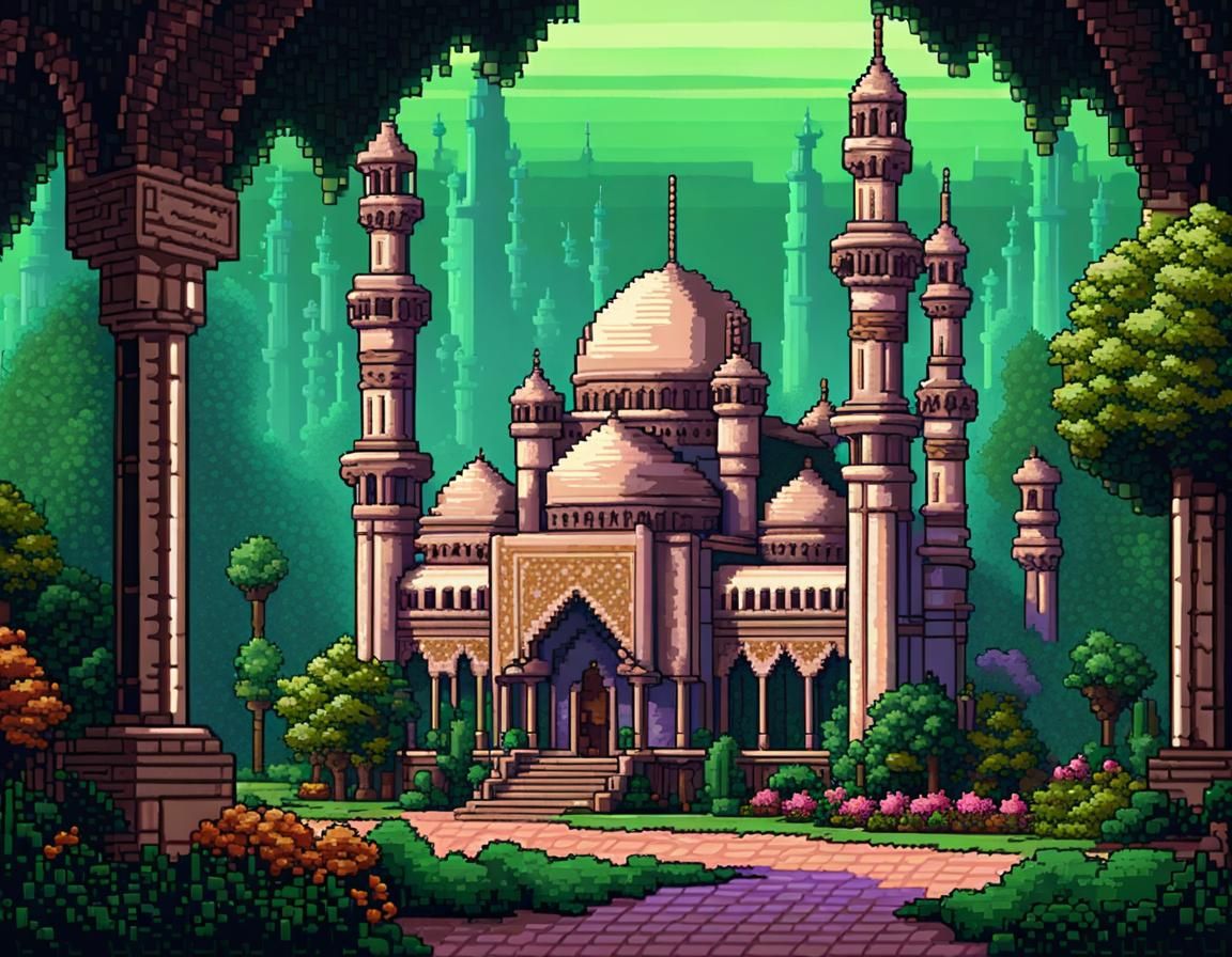 Pixel Art Mosque in Lush Gardens