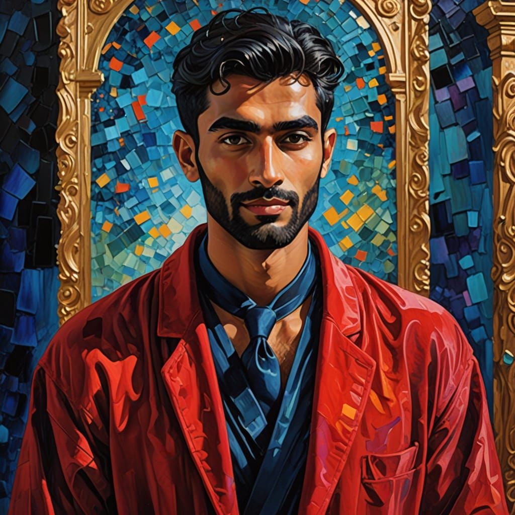 Elegant Gentleman in Velvet Robe Amidst Golden Interiors