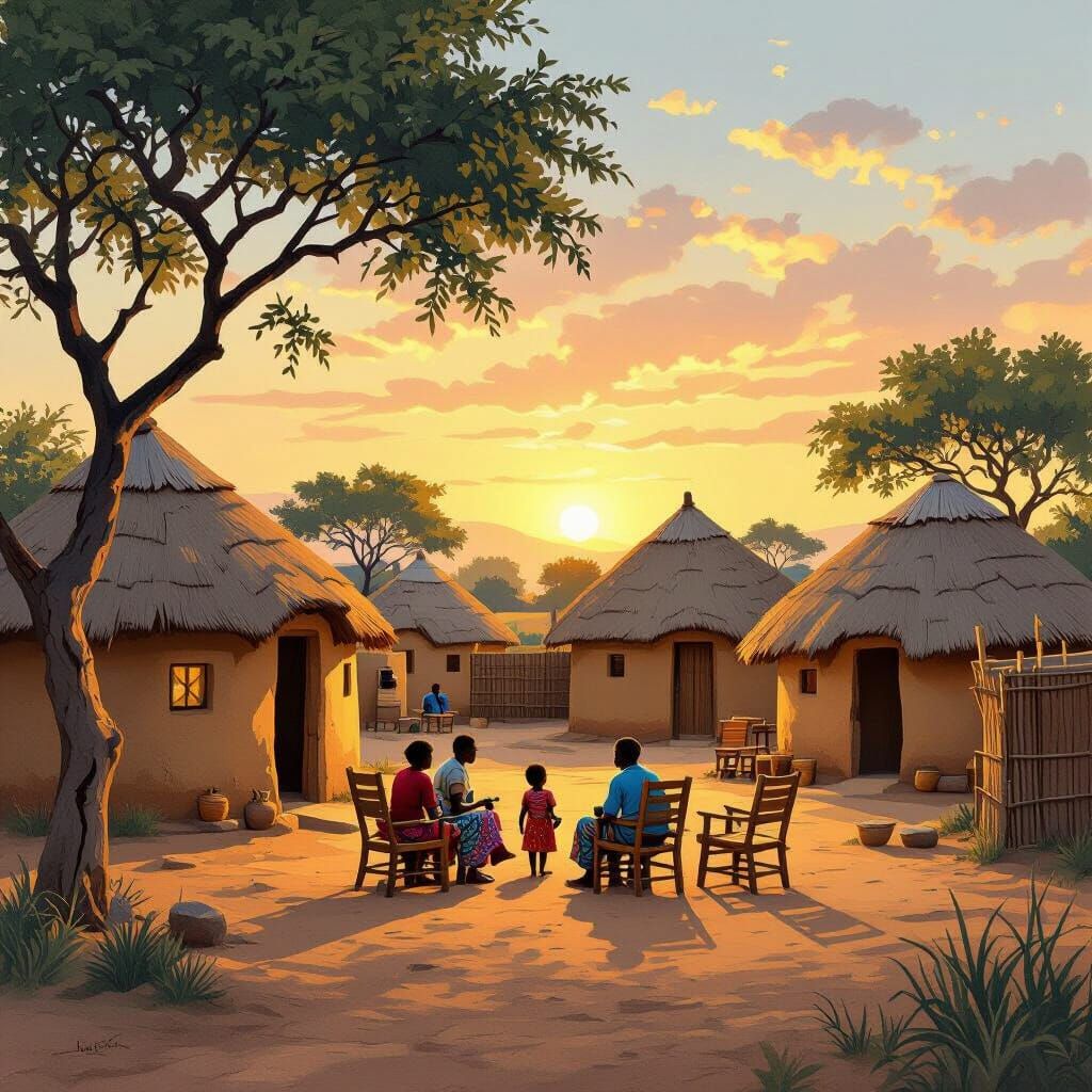 Serene African Village at Dusk with Family