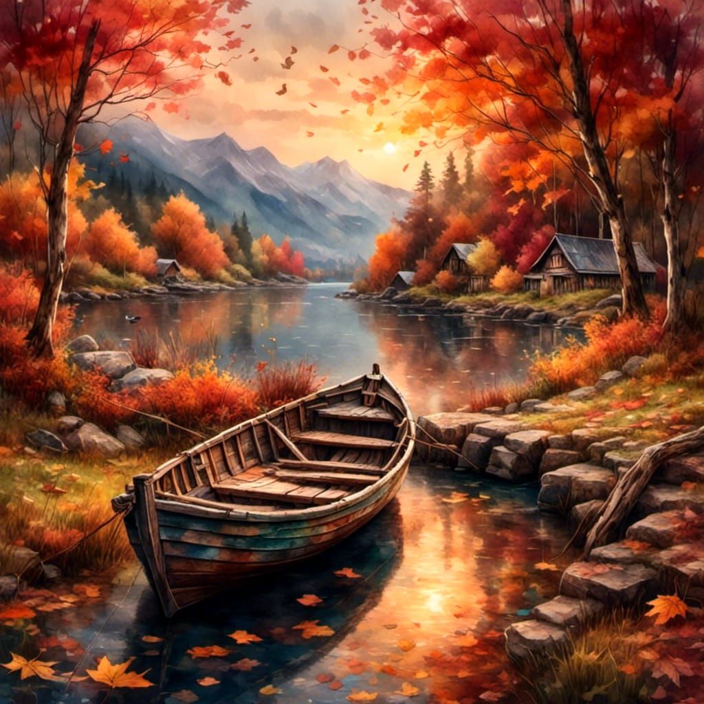Autumn Fjord Sunset in Antique Watercolor Style