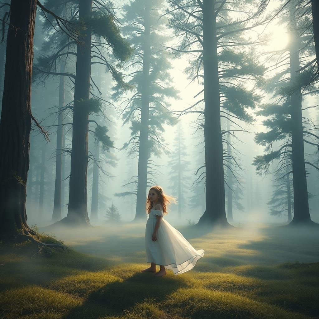 Mystical Landscape with Girl in Flowing Dress