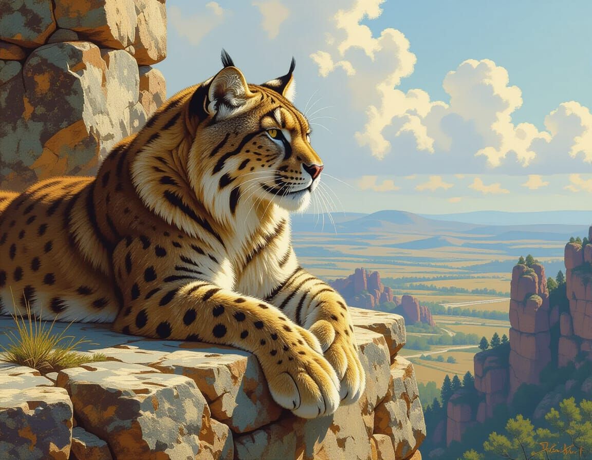 Saber-Toothed Cat Overlooking Prehistoric Landscape as Impas...